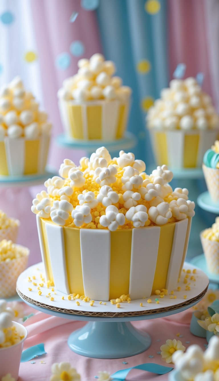 A table with popcorn-shaped cakes and cupcakes decorated for a baby shower, surrounded by pastel decorations.